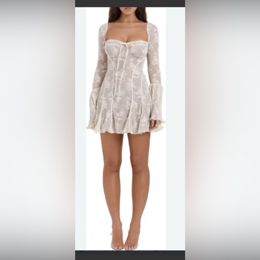 Sexy White Lace Semi Open Back Sheer  Flare Sleeves Mini Party Dress